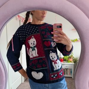 Cat Navy Sweater with Cat and Heart Design Size Medium